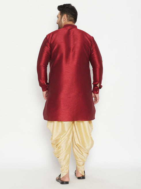 Men's Plus Size Maroon Silk Blend Curved Kurta Dhoti Set