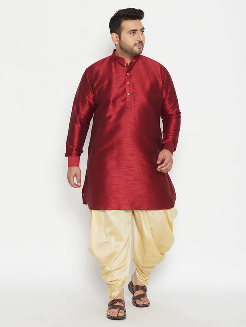 Men's Plus Size Maroon Silk Blend Curved Kurta Dhoti Set