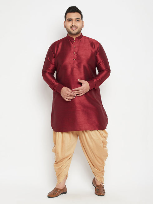Men's Plus Size Maroon Silk Blend Curved Kurta Dhoti Set