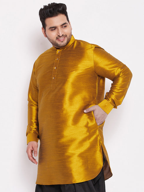 Men's Plus Size Mustard Silk Blend Curved Kurta