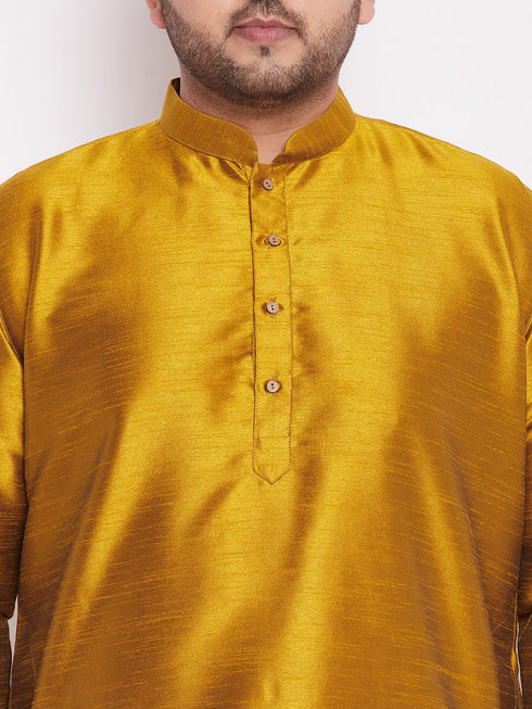 Men's Plus Size Mustard Silk Blend Curved Kurta Dhoti Set