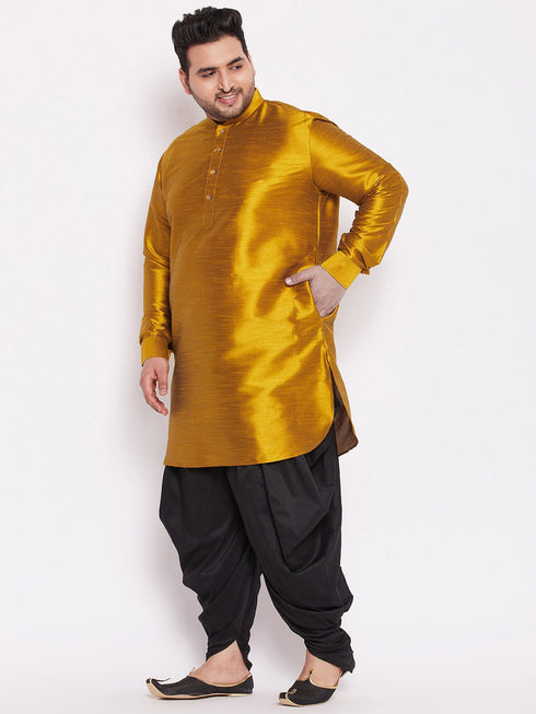 Men's Plus Size Mustard Silk Blend Curved Kurta Dhoti Set