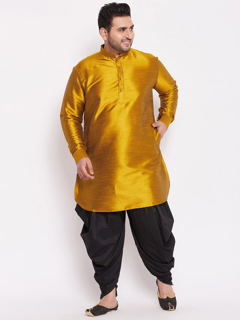 Men's Plus Size Mustard Silk Blend Curved Kurta Dhoti Set