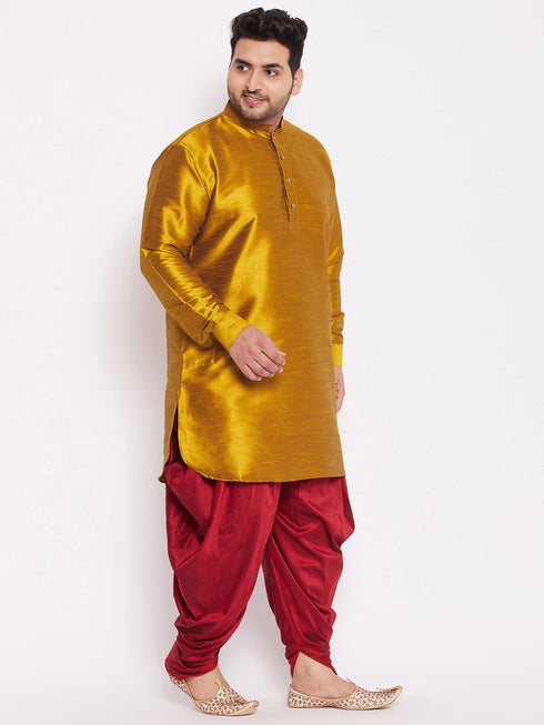 Men's Plus Size Mustard Silk Blend Curved Kurta Dhoti Set