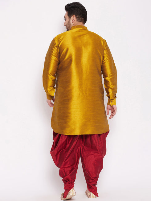 Men's Plus Size Mustard Silk Blend Curved Kurta Dhoti Set