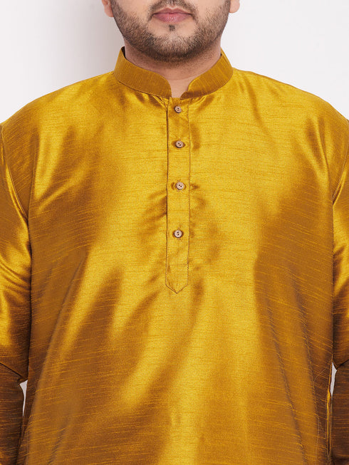 Men's Plus Size Mustard Silk Blend Curved Kurta Dhoti Set
