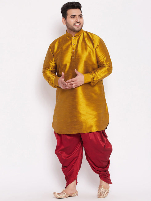 Men's Plus Size Mustard Silk Blend Curved Kurta Dhoti Set