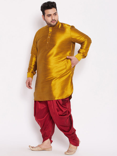 Men's Plus Size Mustard Silk Blend Curved Kurta Dhoti Set