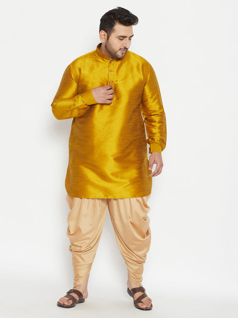 Men's Plus Size Mustard Silk Blend Curved Kurta Dhoti Set