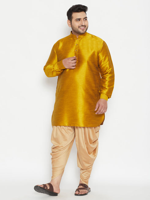 Men's Plus Size Mustard Silk Blend Curved Kurta Dhoti Set