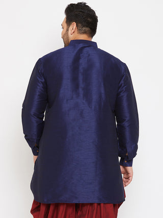 VASTRAMAY Men's Plus Size Navy Blue Silk Blend Curved Kurta