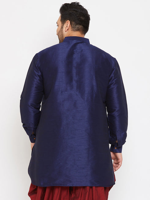 Men's Plus Size Navy Blue Silk Blend Curved Kurta