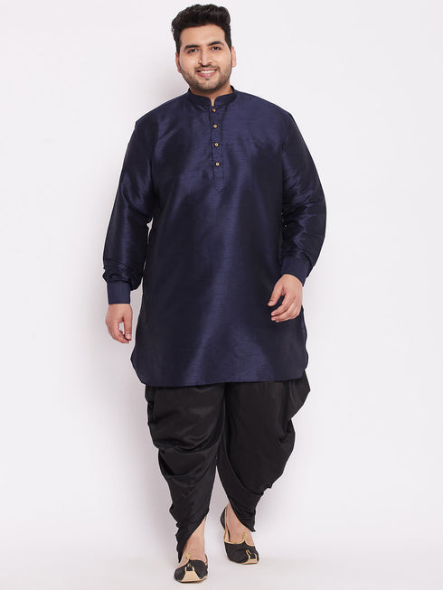 Men's Plus Size Navy Blue Silk Blend Curved Kurta Dhoti Set