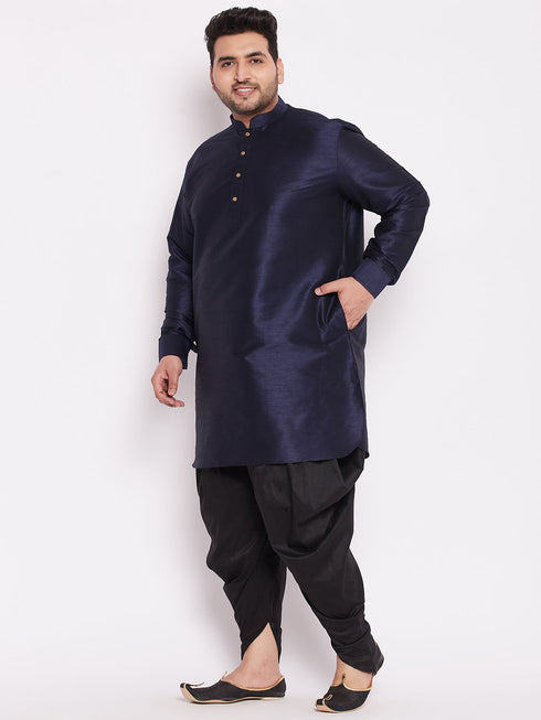 Men's Plus Size Navy Blue Silk Blend Curved Kurta Dhoti Set