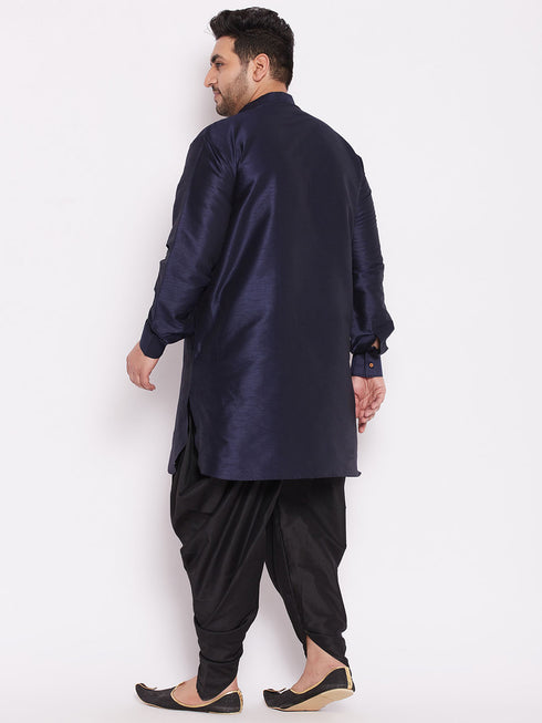 Men's Plus Size Navy Blue Silk Blend Curved Kurta Dhoti Set