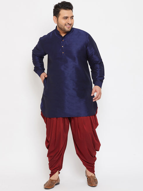 Men's Plus Size Navy Blue Silk Blend Curved Kurta Dhoti Set
