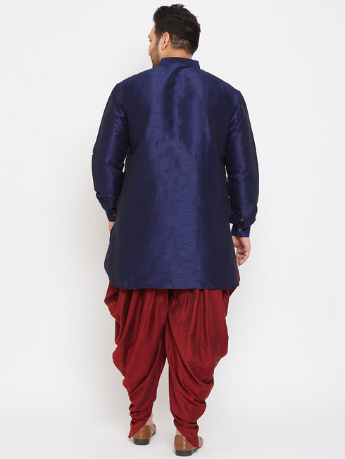 Men's Plus Size Navy Blue Silk Blend Curved Kurta Dhoti Set