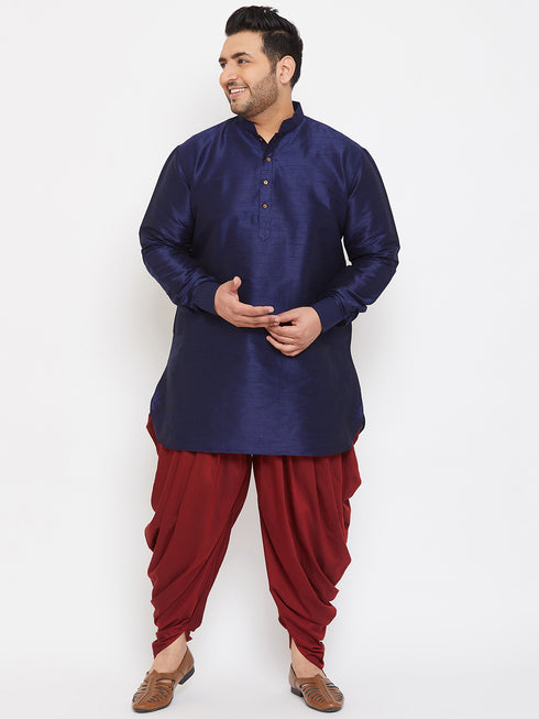 Men's Plus Size Navy Blue Silk Blend Curved Kurta Dhoti Set