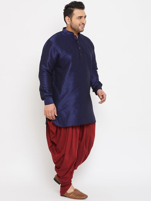 Men's Plus Size Navy Blue Silk Blend Curved Kurta Dhoti Set