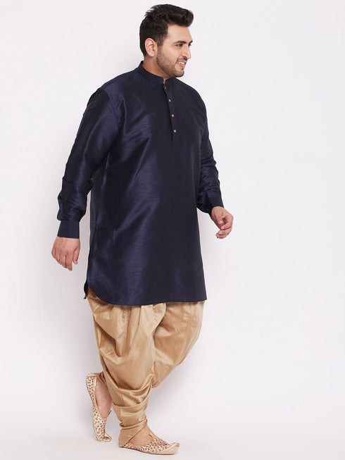 Men's Plus Size Navy Blue Silk Blend Curved Kurta Dhoti Set