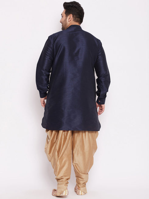 Men's Plus Size Navy Blue Silk Blend Curved Kurta Dhoti Set