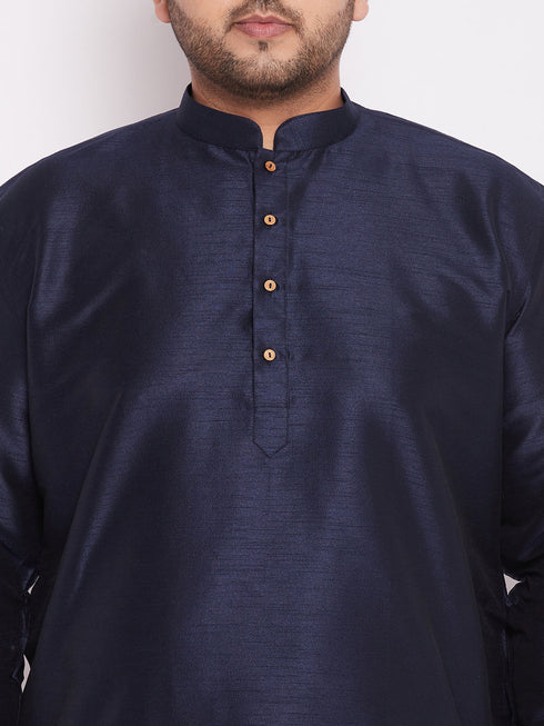 Men's Plus Size Navy Blue Silk Blend Curved Kurta Dhoti Set