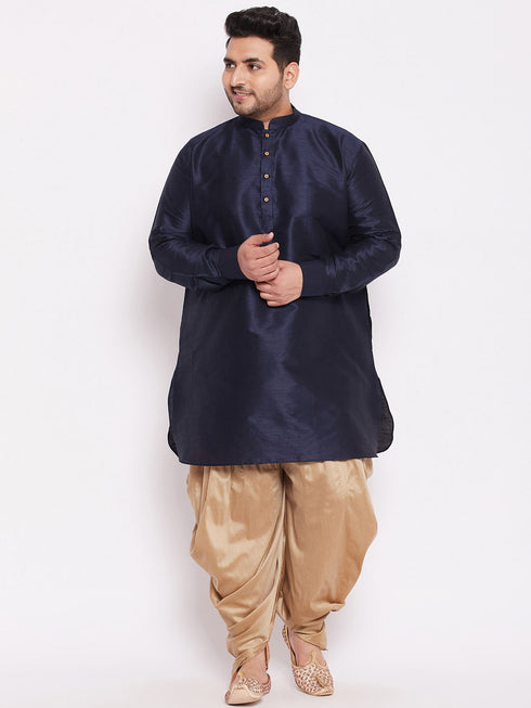Men's Plus Size Navy Blue Silk Blend Curved Kurta Dhoti Set