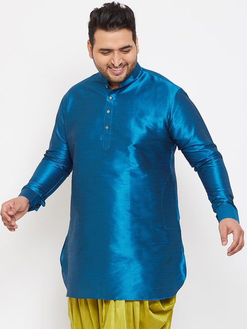 Men's Plus Size Turquoise Silk Blend Curved Kurta