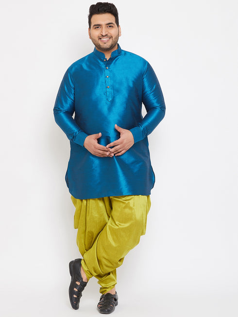 Men's Plus Size Turquoise Silk Blend Curved Kurta Dhoti Set