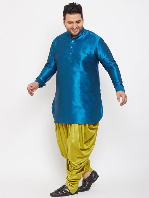Men's Plus Size Turquoise Silk Blend Curved Kurta Dhoti Set