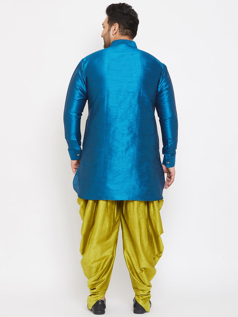 Men's Plus Size Turquoise Silk Blend Curved Kurta Dhoti Set