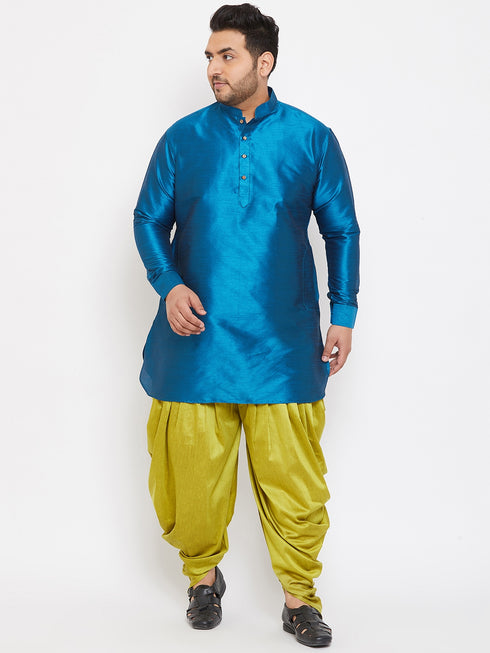 Men's Plus Size Turquoise Silk Blend Curved Kurta Dhoti Set