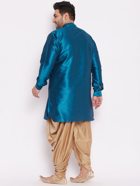 Men's Plus Size Turquoise Silk Blend Curved Kurta Dhoti Set
