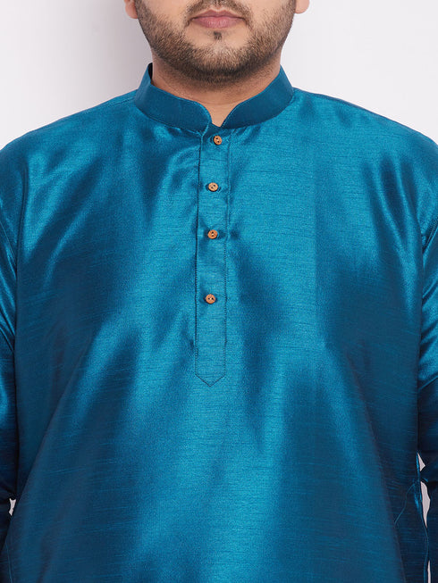 Men's Plus Size Turquoise Silk Blend Curved Kurta Dhoti Set