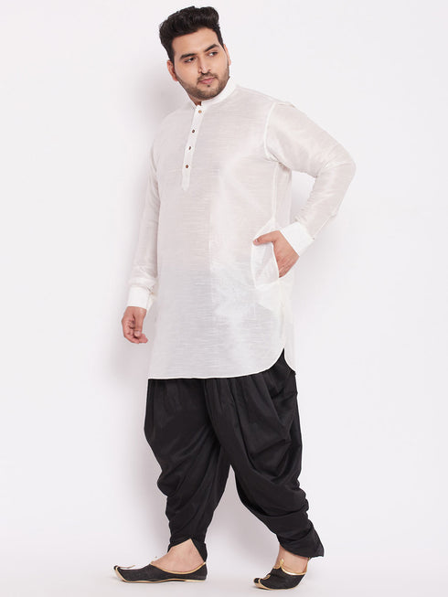 Men's Plus Size White Silk Blend Curved Kurta Dhoti Set