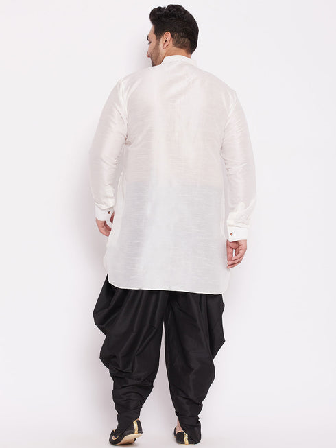 Men's Plus Size White Silk Blend Curved Kurta Dhoti Set