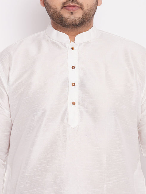 Men's Plus Size White Silk Blend Curved Kurta Dhoti Set