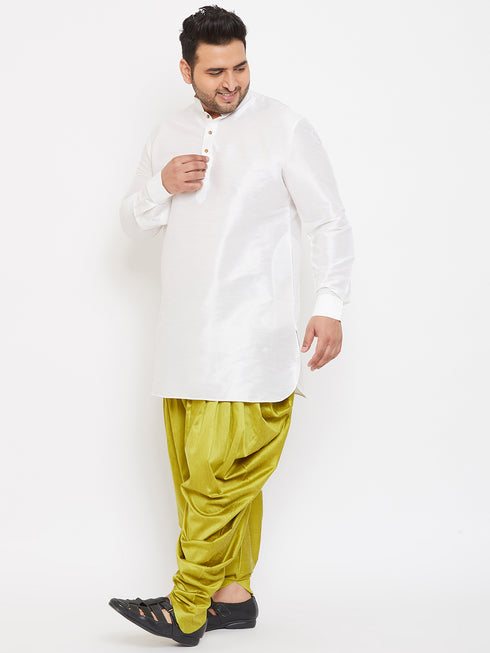 Men's Plus Size White Silk Blend Curved Kurta Dhoti Set
