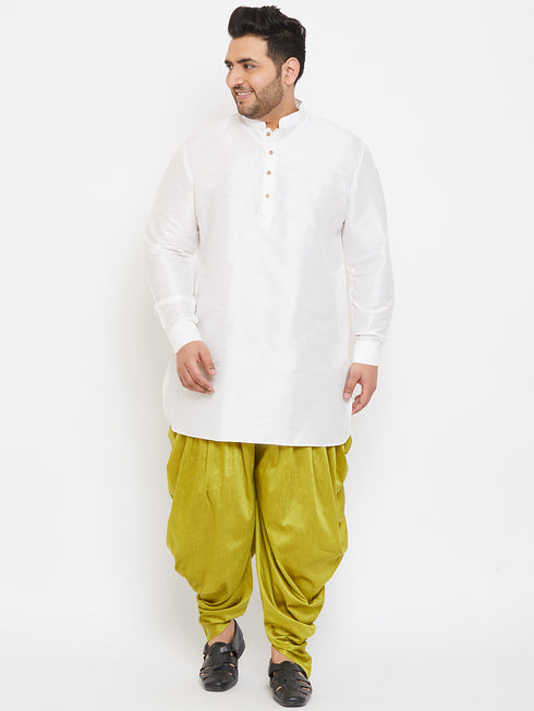 Men's Plus Size White Silk Blend Curved Kurta
