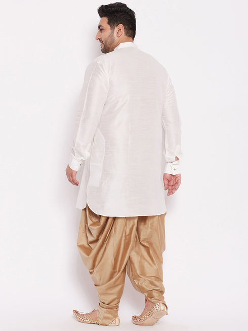 Men's Plus Size White Silk Blend Curved Kurta Dhoti Set