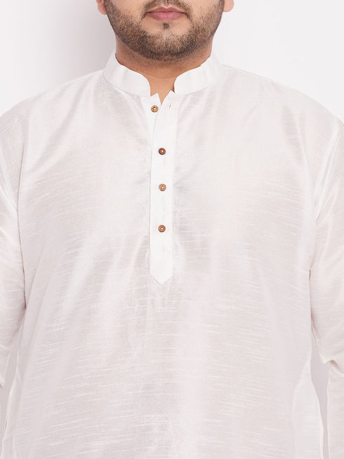 Men's Plus Size White Silk Blend Curved Kurta Dhoti Set