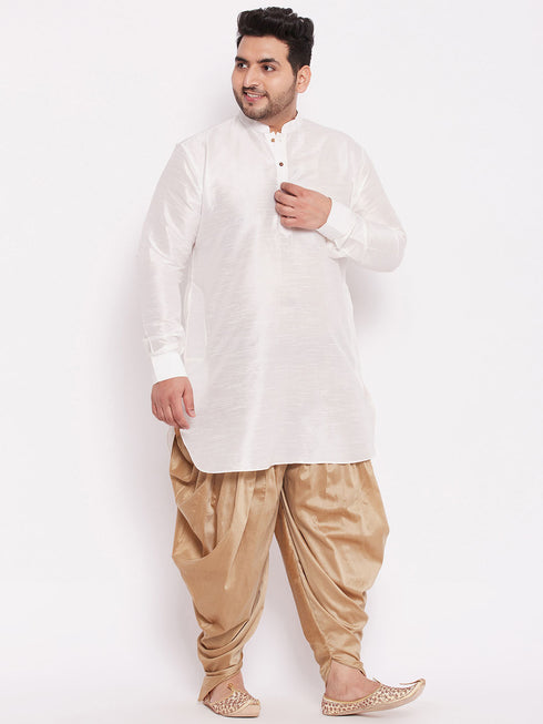 Men's Plus Size White Silk Blend Curved Kurta Dhoti Set