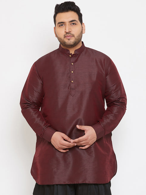 Men's Plus Size Wine Silk Blend Curved Kurta