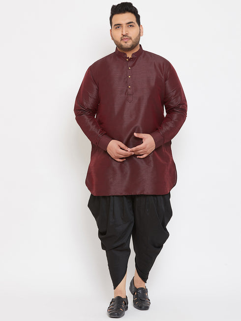Men's Plus Size Wine Silk Blend Curved Kurta Dhoti Set