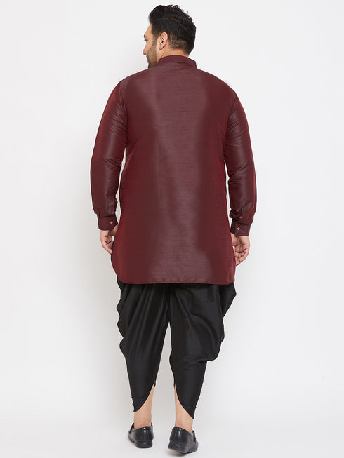 Men's Plus Size Wine Silk Blend Curved Kurta Dhoti Set