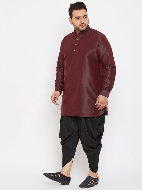 Men's Plus Size Wine Silk Blend Curved Kurta Dhoti Set