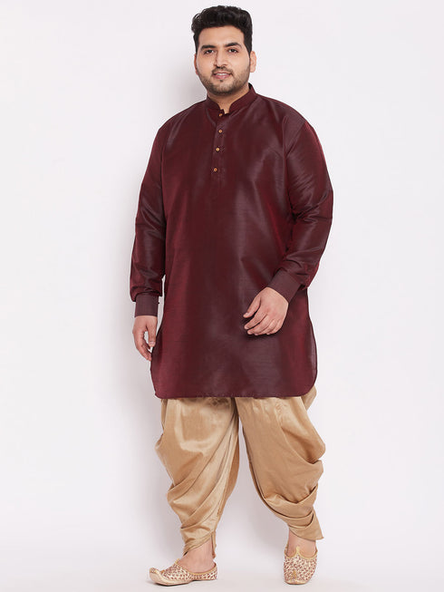 Men's Plus Size Wine Silk Blend Curved Kurta Dhoti Set