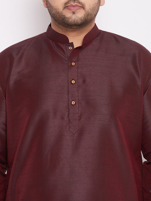 Men's Plus Size Wine Silk Blend Curved Kurta Dhoti Set