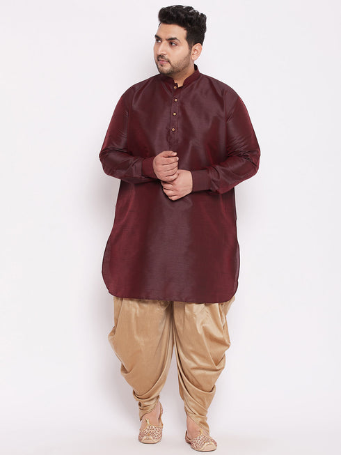 Men's Plus Size Wine Silk Blend Curved Kurta Dhoti Set