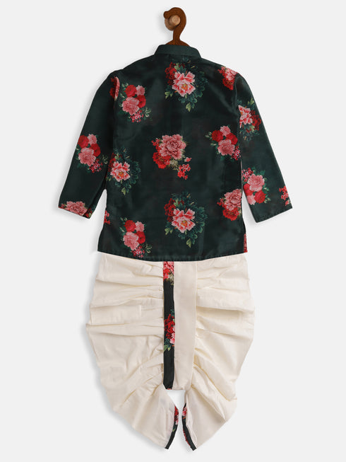 Boy's Multicolor-Base-Green Cotton Blend Kurta And Dhoti Set